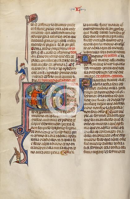 Initial S: Two Men Fighting with Swords; Vidal Mayor, about 1290-1310. Creator: Unknown.