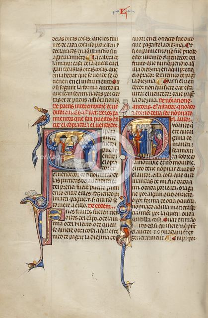 Initial S: Two Men Shaking Hands after a Sale of Sheep: Initial Q: Three Men..., about 1290-1310. Creator: Unknown.