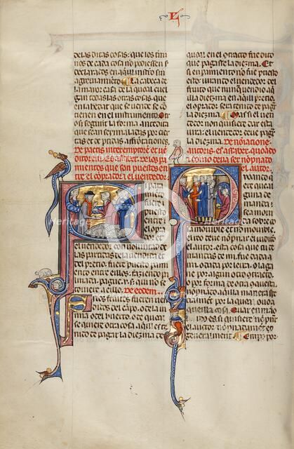 Initial S: Two Men Shaking Hands after a Sale of Sheep: Initial Q: Three Men..., about 1290-1310. Creator: Unknown.