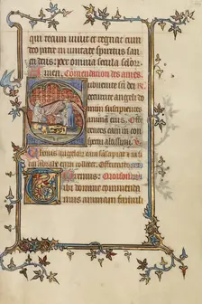 Initial S: The Preparation of a Knight for Burial; Bute Psalter, text and illumination about 1330. Creator: Atelier of the Passion Master