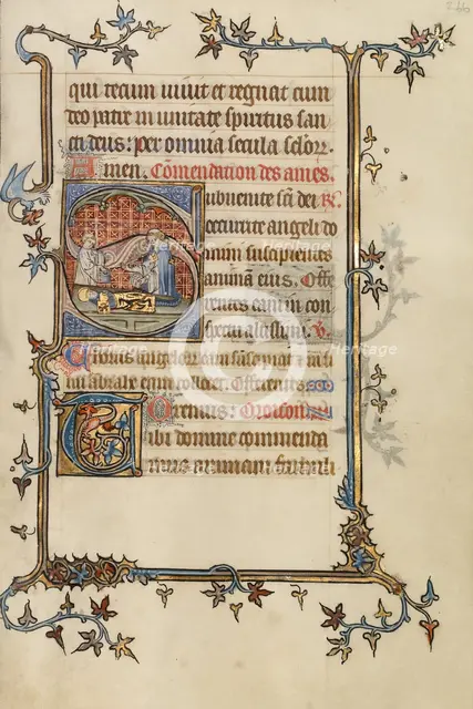 Initial S: The Preparation of a Knight for Burial; Bute Psalter, text and illumination about 1330. Creator: Atelier of the Passion Master.