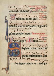 Initial S: The Stoning of Saint Stephen; Antiphonal, about 1260-1270. Creator: Unknown
