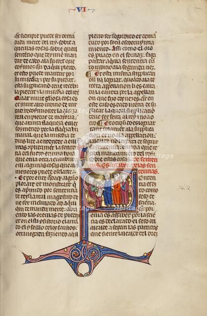 Initial S: Three Men Speaking before a Judge; Vidal Mayor, about 1290-1310. Creator: Unknown.