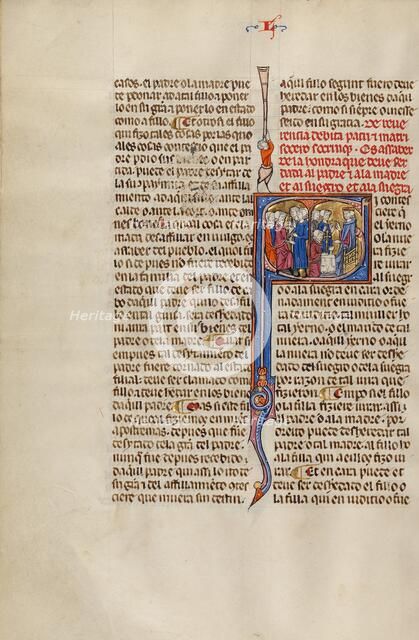 Initial S: Three Children Standing before their Parents and Three Children..., about 1290-1310. Creator: Unknown.