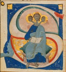 Initial "S" with miniature of the Trinity as singer with three heads, before 1400. Creator: Anonymous