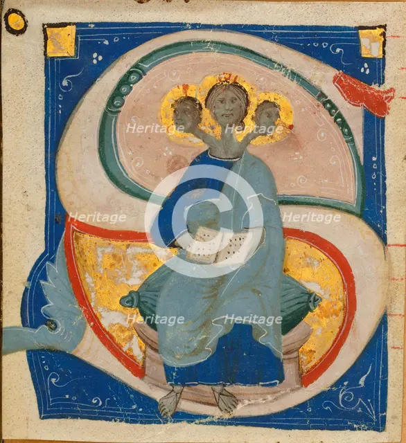 Initial "S" with miniature of the Trinity as singer with three heads, before 1400. Creator: Anonymous.