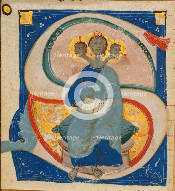 Initial "S" with miniature of the Trinity as singer with three heads, before 1400. Creator: Anonymous.
