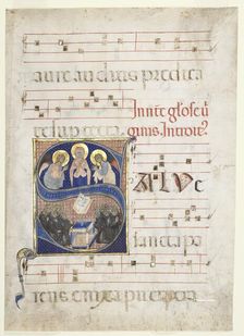 Initial S[alve sancta parens] with the Virgin Adored by Angels, and Singing Benedictine Monks..., c. Creator: Unknown
