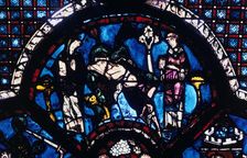 Injured pilgrim ignored by priest and Levite, stained glass, Chartres Cathedral, France, 1205-1215
