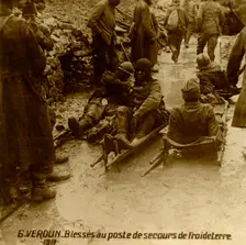 Injured soldiers at the first-aid post, Froideterre, Verdun, northern France, 1917