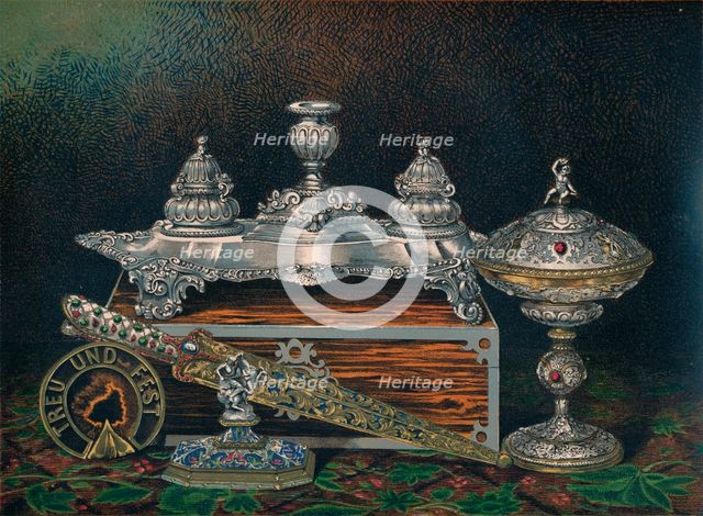 'Inkstand, Paper Weight, Hunting Knife or Dagger, Covered Tazza, Paper Weight', 1863. Artist: Robert Dudley.