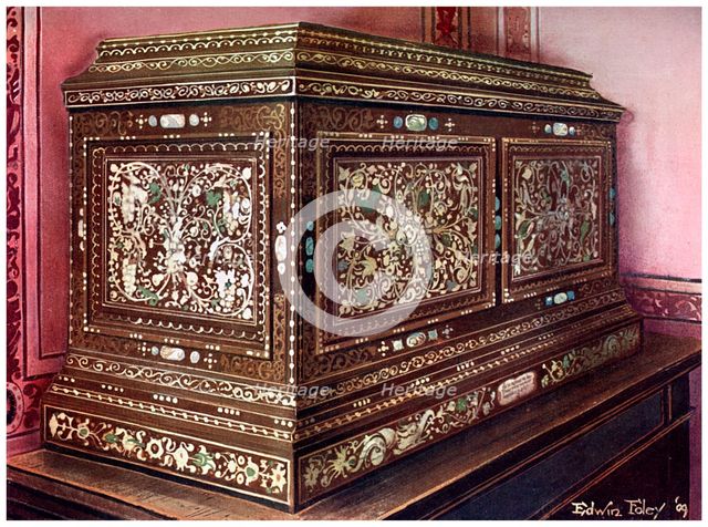 Inlaid jewel casket of walnut wood with panelled front, sides and top, 1910.Artist: Edwin Foley