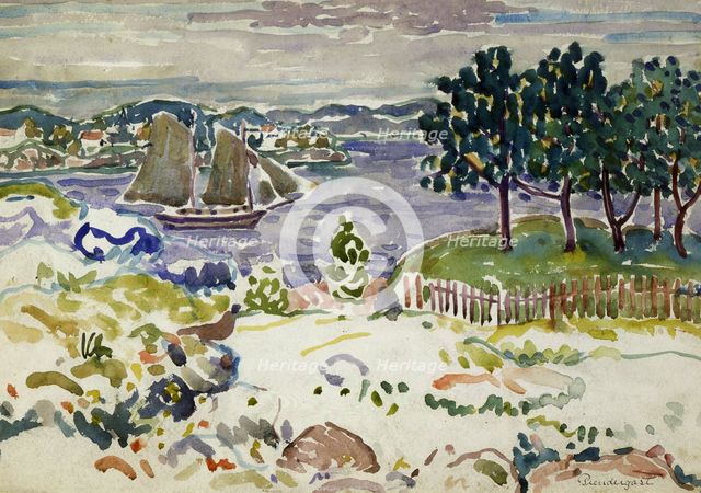 Inlet with Sailboat, Maine, ca. 1913-1915. Creator: Maurice Brazil Prendergast.
