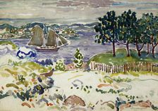 Inlet with Sailboat, Maine, ca. 1913-1915. Creator: Maurice Brazil Prendergast