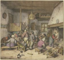 Inn interior with peasants smoking, drinking, and kissing, 1672. Creator: Adriaen van Ostade