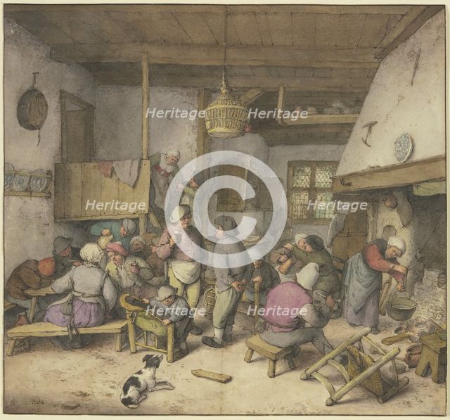 Inn interior with peasants smoking, drinking, and kissing, 1672. Creator: Adriaen van Ostade.