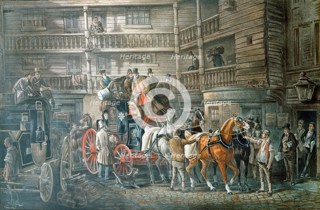 Inn yard with Mail Coach preparing to leave, c1840. Artist: Unknown