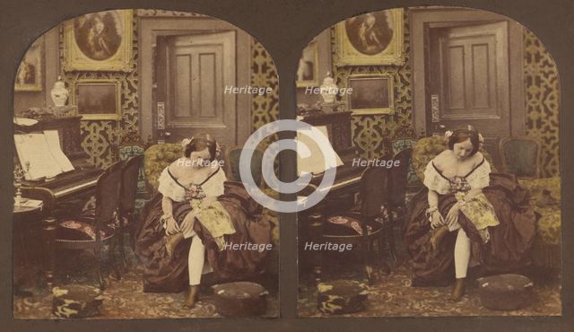 Innocence: woman seated in parlor fixing her shoe, about 1860. Creator: Unknown.