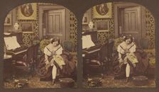 Innocence: woman seated in parlor fixing her shoe, about 1860. Creator: Unknown