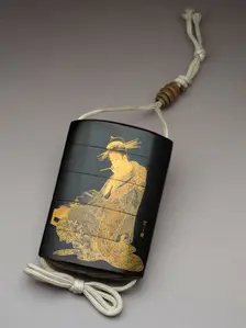 Inro depicting the courtesan Morokoshi of Echizen-ya writing a letter, 19th century. Artist: Shunsho