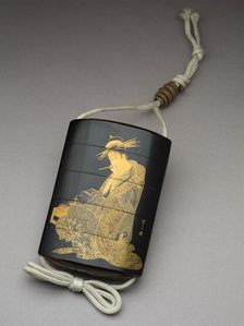 Inro depicting the courtesan Morokoshi of Echizen-ya writing a letter, 19th century. Artist: Shunsho