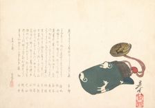 Inro Partly in a Green Bag with Pattern of White Foxes, 1862 (Dog Year)., 1862 (Dog Year). Creator: Shibata Zeshin