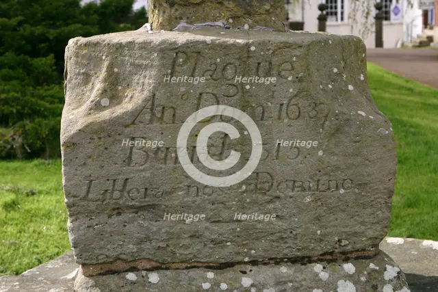 Inscription on the base of a Plague Cross, Ross-on-Wye, Herefordshire. Creator: Peter Thompson.