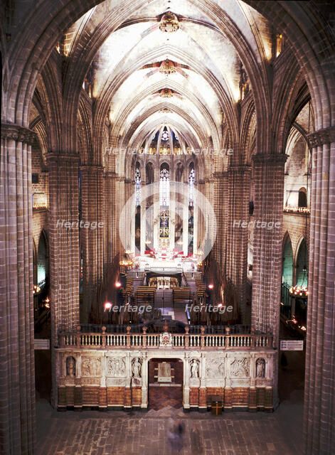 Inside of the Barcelona Cathedral, detail of the main altar and choir of the 13th. Century.