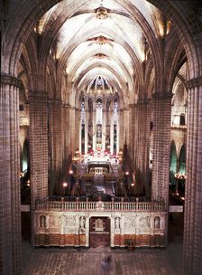 Inside of the Barcelona Cathedral, detail of the main altar and choir of the 13th. Century