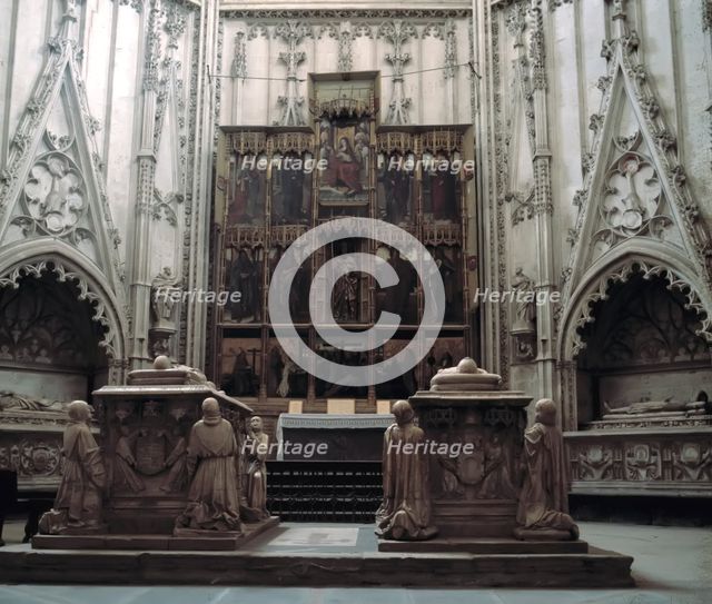 Inside of the Chapel of Santiago or Luna, at the Cathedral of Toledo, detail of the tombs of Don …