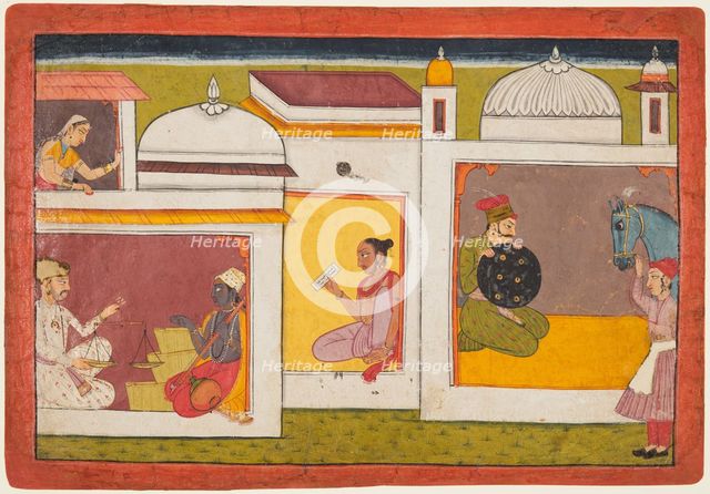 Inside a building, Madhava sits facing a man holding a scale, from a Madhavanala..., c. 1700. Creator: Unknown.