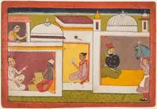 Inside a building, Madhava sits facing a man holding a scale, from a Madhavanala..., c. 1700. Creator: Unknown