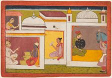 Inside a building, Madhava sits facing a man holding a scale, from a Madhavanala..., c. 1700. Creator: Unknown
