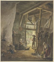Inside a farmhouse, the woman sits by the door, talking to the man leaving..., late 18th century. Creator: Hermanus van Brussel