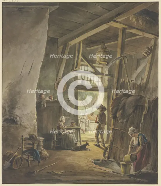 Inside a farmhouse, the woman sits by the door, talking to the man leaving..., late 18th century. Creator: Hermanus van Brussel.