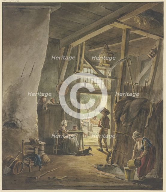 Inside a farmhouse, the woman sits by the door, talking to the man leaving..., late 18th century. Creator: Hermanus van Brussel.
