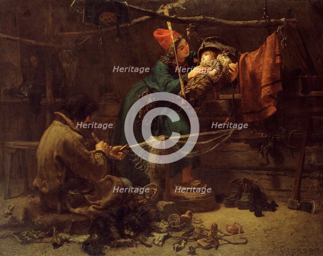 Inside a fisherman's cottage in Lapland, 1857. Creator: Johan Fredrik Hockert.