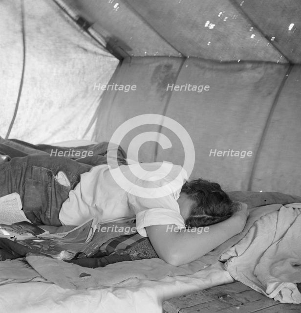 Inside a pea picker's tent in the middle of the morning, no work, Santa Clara County, CA, 1939. Creator: Dorothea Lange.