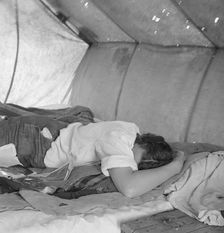 Inside a pea picker's tent in the middle of the morning, no work, Santa Clara County, CA, 1939. Creator: Dorothea Lange