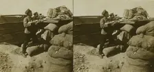 Inside a Russian fort during the siege - shell marks around a dummy gun - Port Arthur, c1905. Creator: Underwood & Underwood