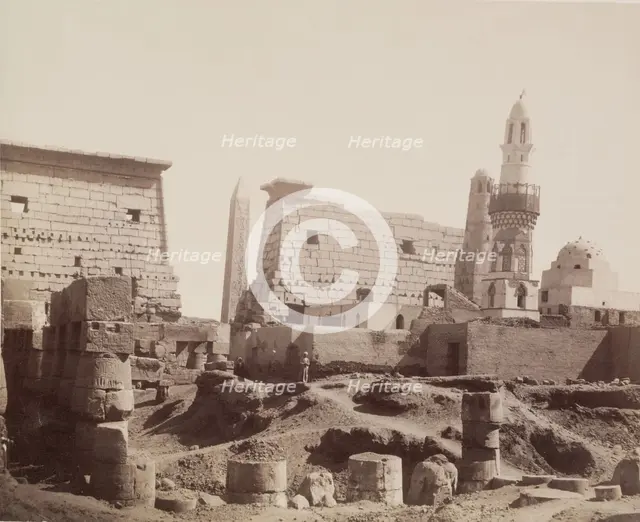 Inside First Court with Mosque of Abu Haggag, Temple of Luxor, Looking North., 19th century. Creator: Anon.