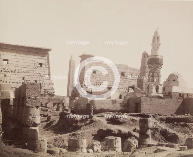 Inside First Court with Mosque of Abu Haggag, Temple of Luxor, Looking North., 19th century. Creator: Anon.