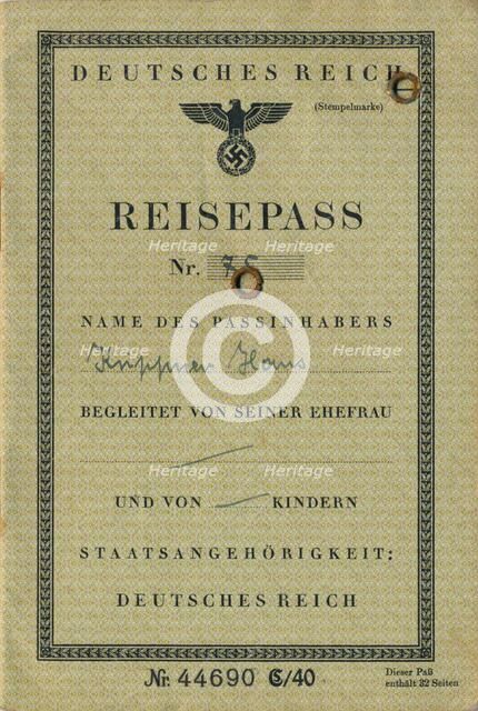Inside page from a Nazi German passport, c1941. Artist: Unknown.