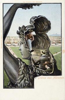 Inside the Bavaria statue. Greetings from Munich. Postcard, c 1900. Creator: Anonymous