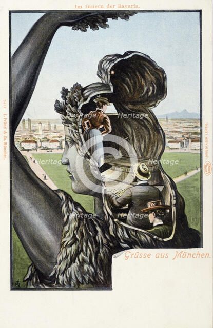 Inside the Bavaria statue. Greetings from Munich. Postcard, c 1900. Creator: Anonymous.
