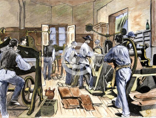 Inside the shoe factory of Mr. Soldevila, soles cutting department, in 1874, colored engraving in…