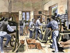 Inside the shoe factory of Mr. Soldevila, soles cutting department, in 1874, colored engraving in…