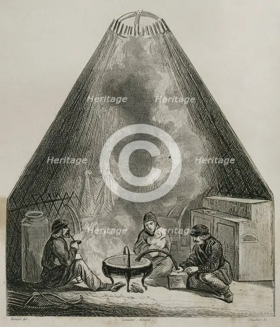 Inside view of a Kalmyk yurt, called gher, Russia, 1839.  Creator: Emile Louis Vernier.