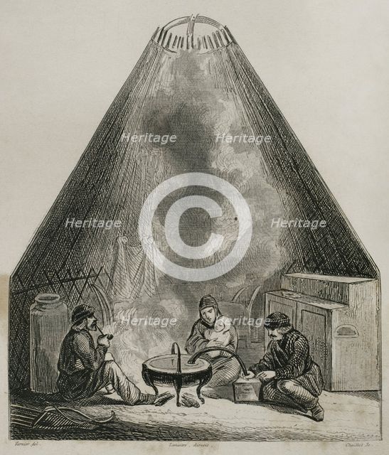 Inside view of a Kalmyk yurt, called gher, Russia, 1839.  Creator: Emile Louis Vernier.
