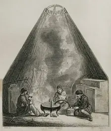 Inside view of a Kalmyk yurt, called gher, Russia, 1839. Creator: Emile Louis Vernier